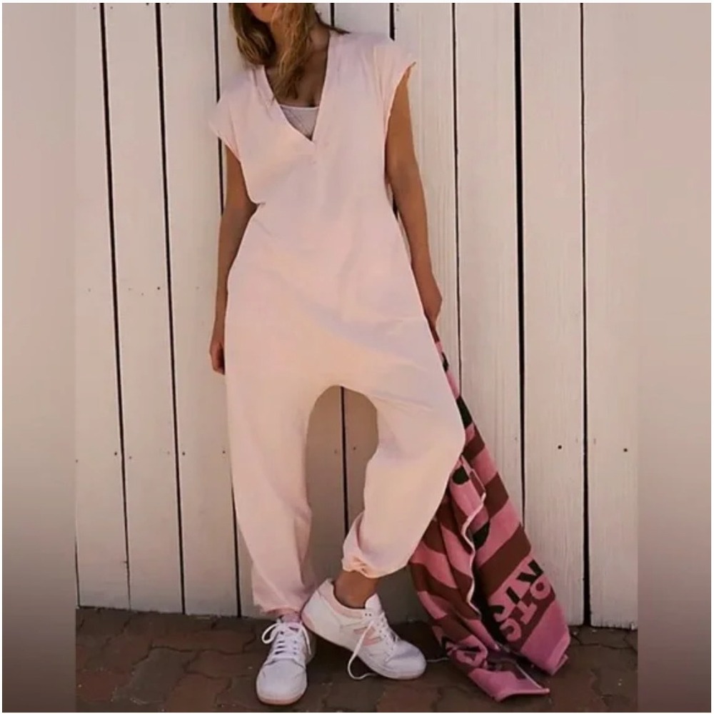 Free People Movement Petal Pink Hot‎ Shot V Neck Cut Out Back Jumpsuit Medium
